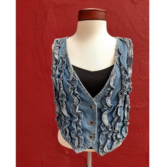 Vintage 80's Ruffle Denim Jean Vest Rare - Picture 3 of 8